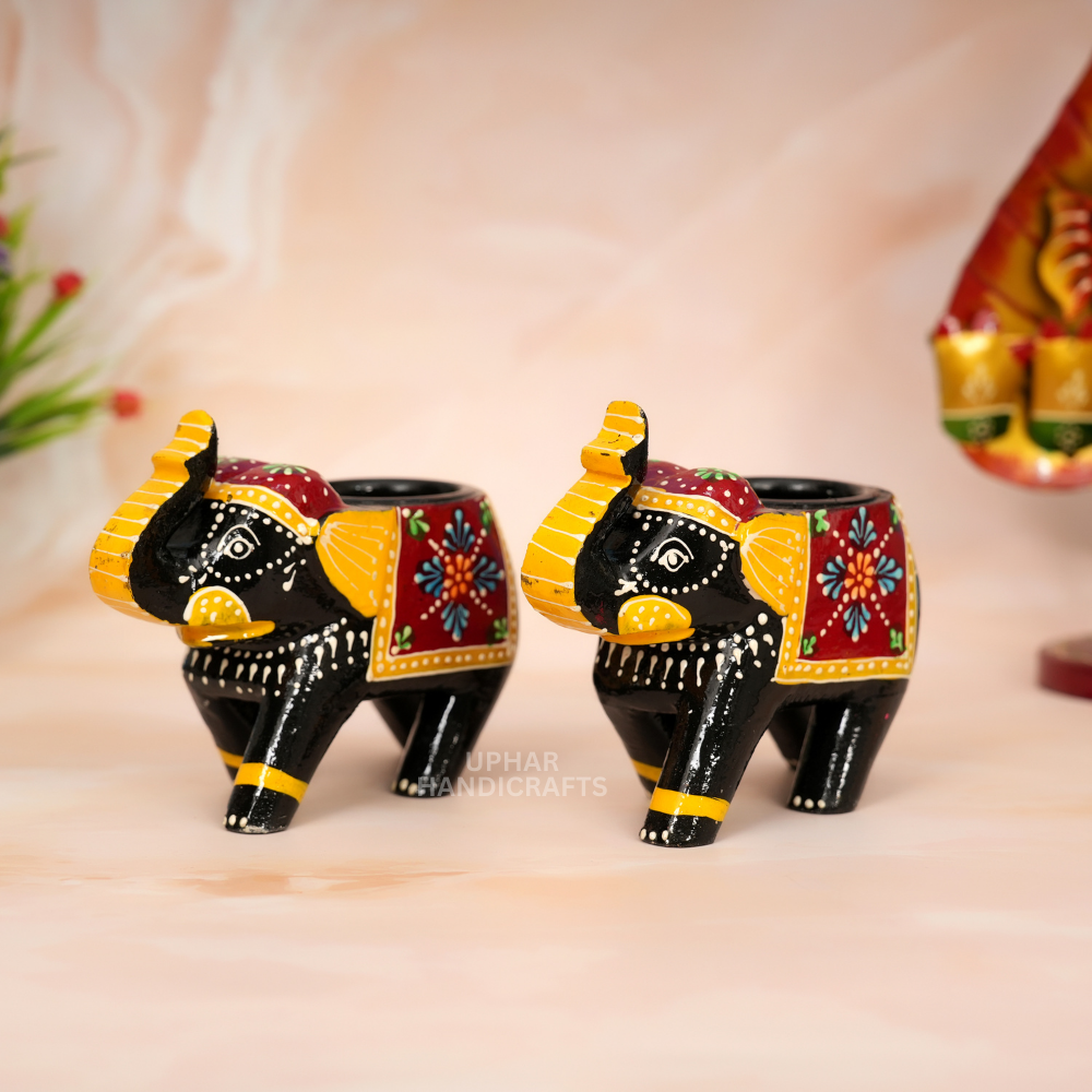 Hand Painted Wooden Elephant Tealight Candle Holder Elephant Home Décor Accent for Living Room, Meditation Space or Gifting