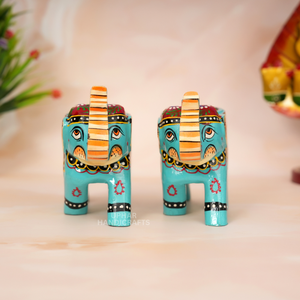 Hand Painted Wooden Elephant Tealight Candle Holder Indian Folk Art Home Dรฉcor Accent for Living Room, Patio, or Tabletop