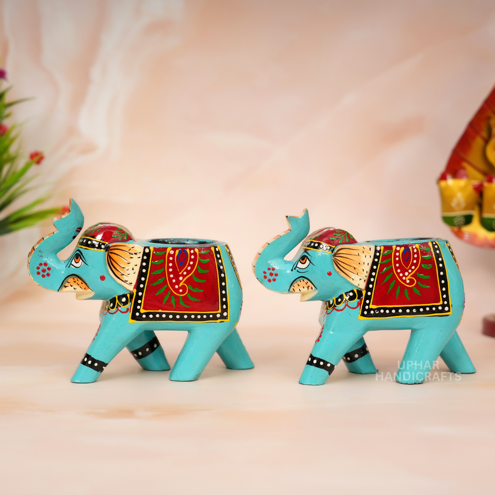 Hand Painted Wooden Elephant Tealight Candle Holder Indian Folk Art Home Dรฉcor Accent for Living Room, Patio, or Tabletop
