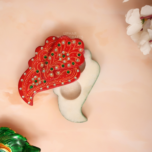 Marble Kumkum Holder with Hand Painting | Elegant Rajasthani Artwork & Kundan Stones Chopra for Temple & Festive Decor