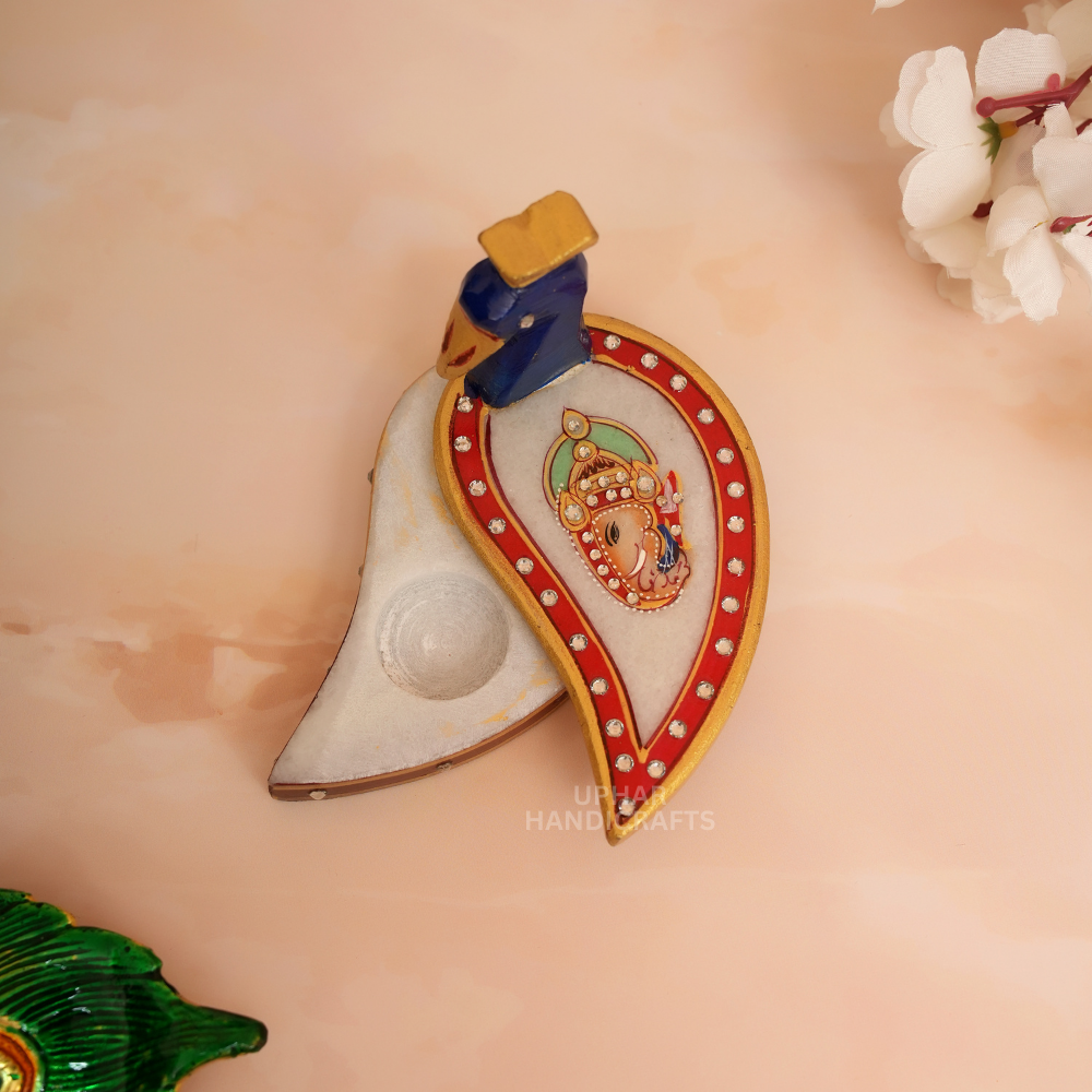 Handpainted Marble Chopra with Load Ganesh & Peacock Artwork Elegant Pooja Kumkum & Chawal Holder for Diwali & Festivals