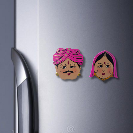 Hand-Painted Rajasthani Couple Wooden Fridge Magnet