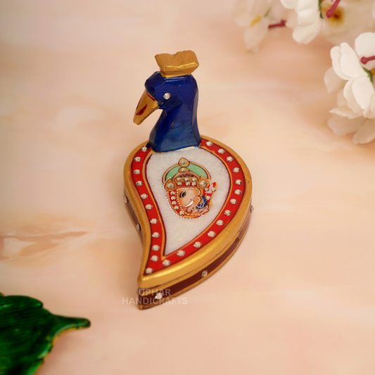 Handpainted Marble Chopra with Load Ganesh & Peacock Artwork Elegant Pooja Kumkum & Chawal Holder for Diwali & Festivals