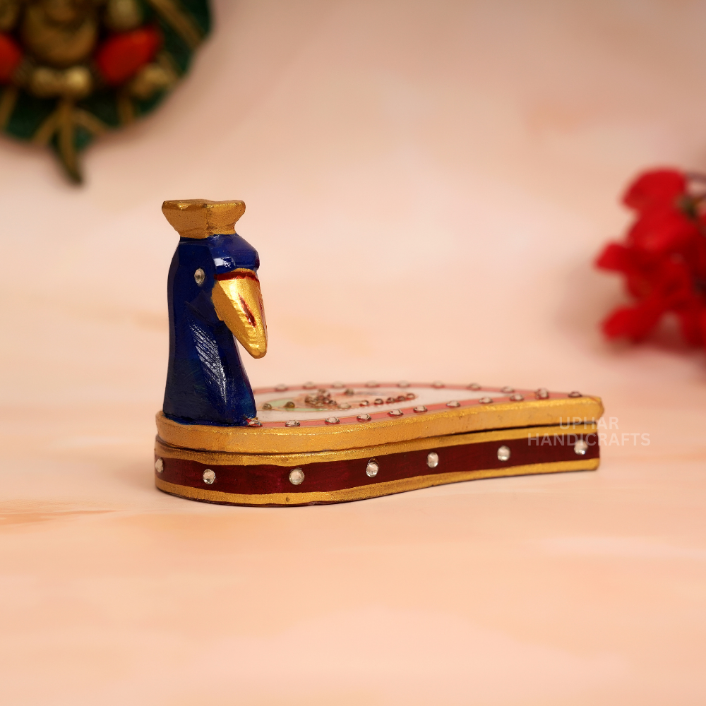 Handpainted Marble Chopra with Load Ganesh & Peacock Artwork Elegant Pooja Kumkum & Chawal Holder for Diwali & Festivals