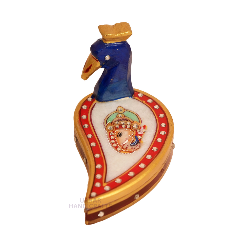 Handpainted Marble Chopra with Load Ganesh & Peacock Artwork Elegant Pooja Kumkum & Chawal Holder for Diwali & Festivals