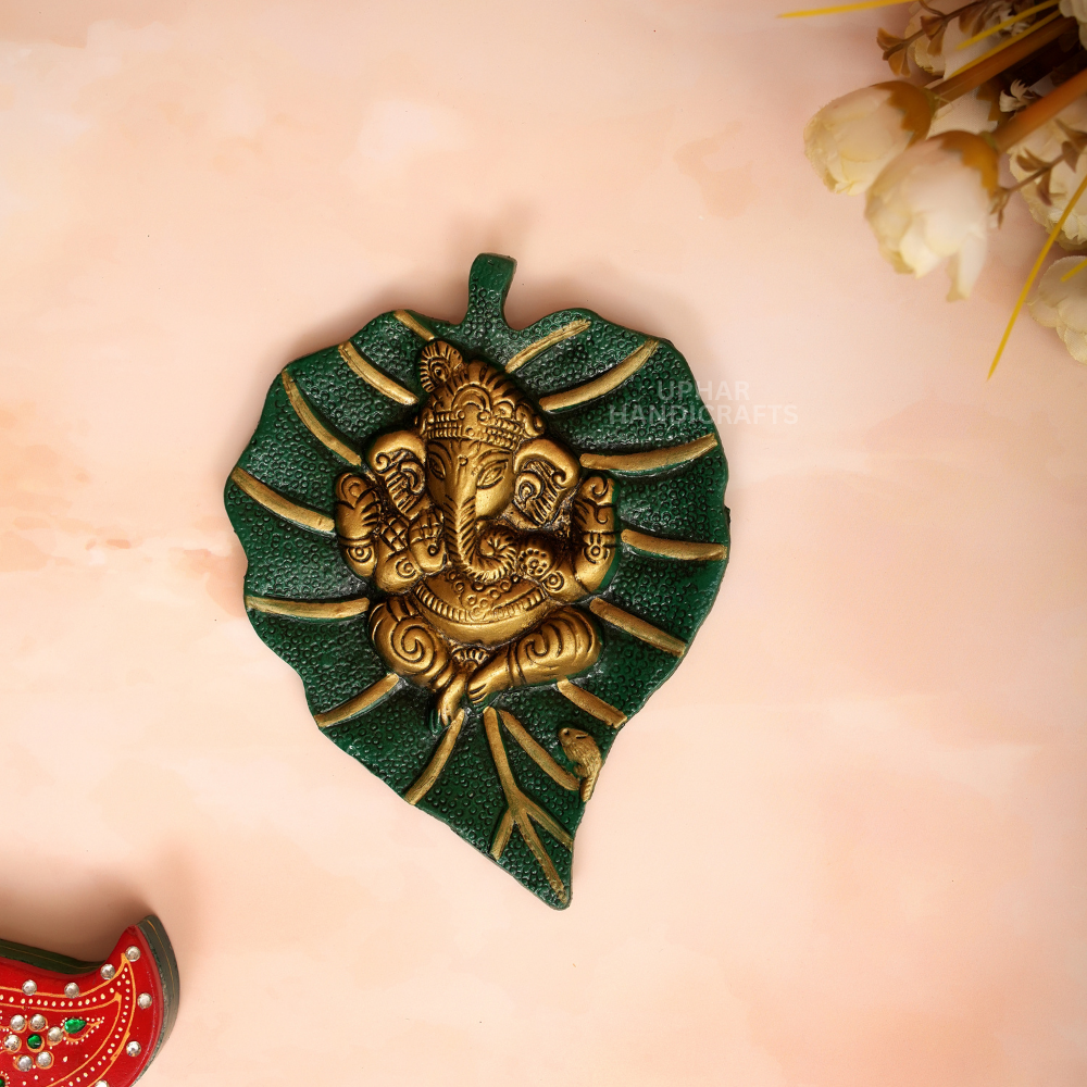 Metal Ganesh Decor Leaf Wall Hanging for Pooja Room or Entryway