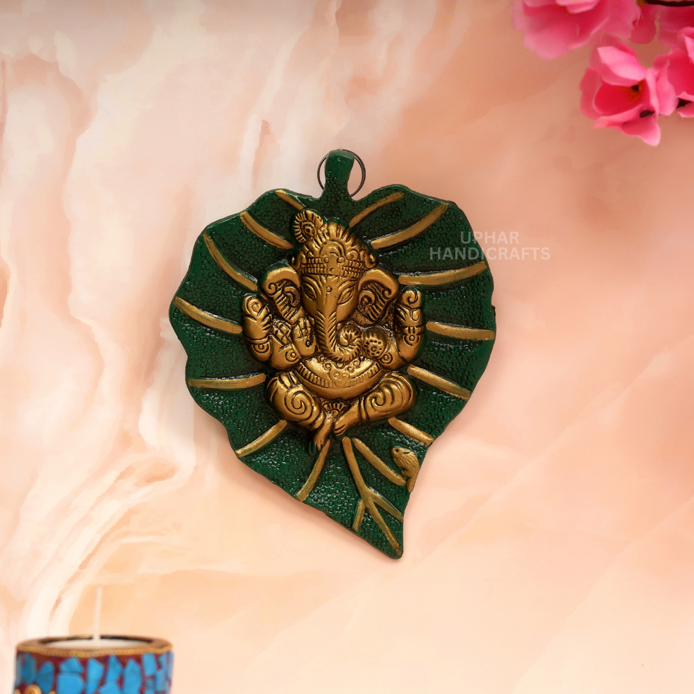 Metal Ganesh Decor Leaf Wall Hanging for Pooja Room or Entryway