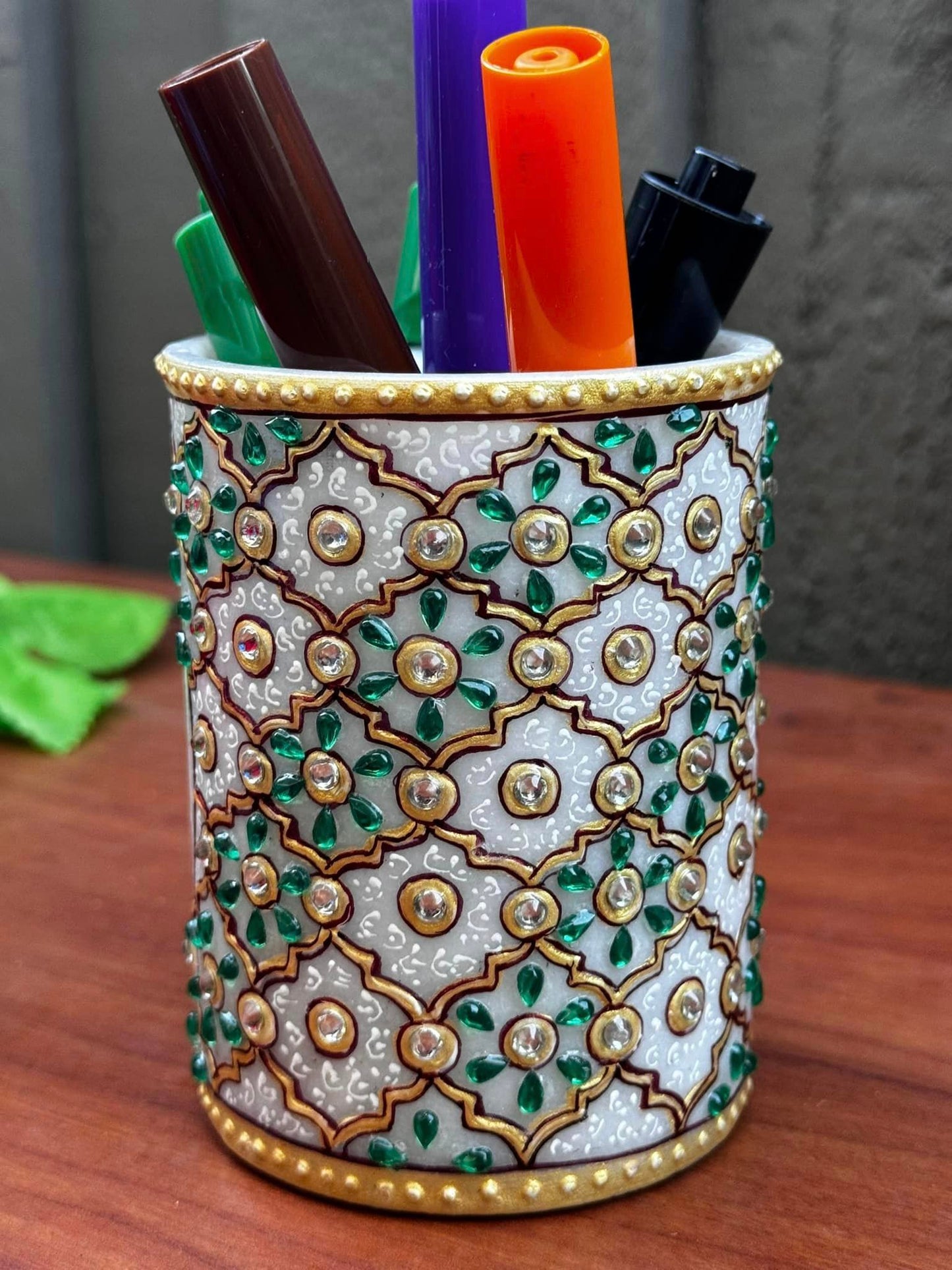 Marble Handcrafted Pen Holder with Rajasthani Meenakari