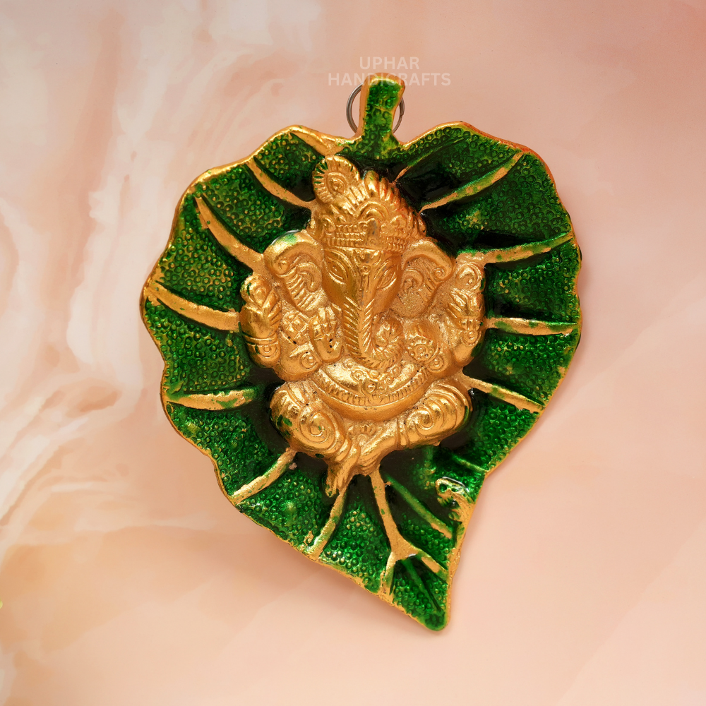 Metal Ganesh Decor Leaf Wall Hanging for Pooja Room or Entryway