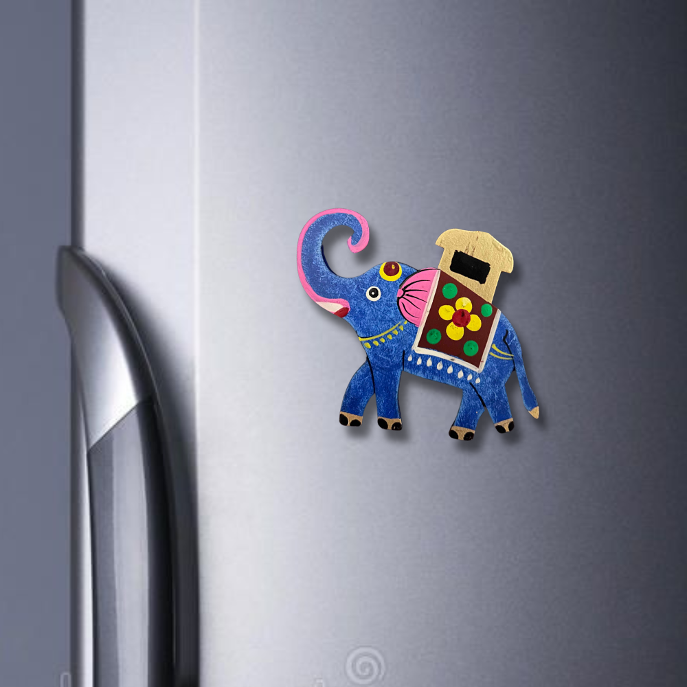 Hand-Painted Blue Elephant Wooden Fridge Magnet