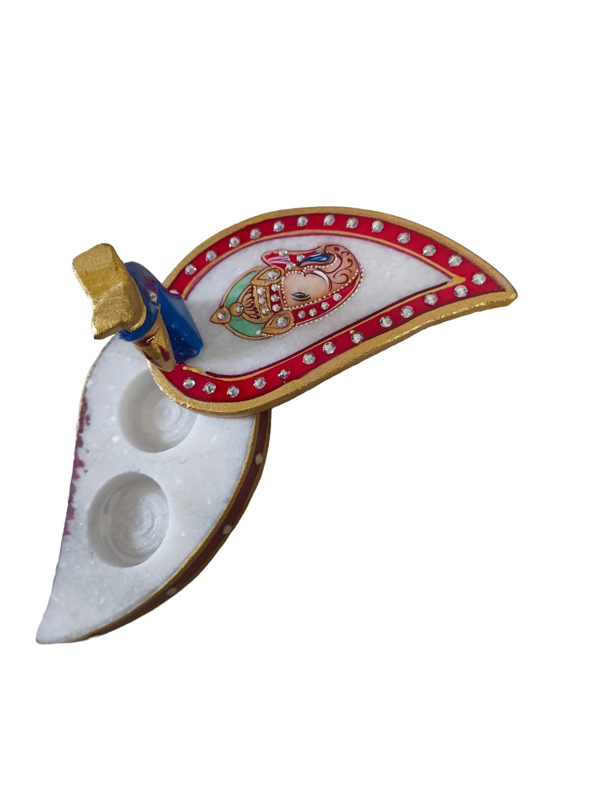 Handpainted Marble Chopra with Load Ganesh & Peacock Artwork Elegant Pooja Kumkum & Chawal Holder for Diwali & Festivals