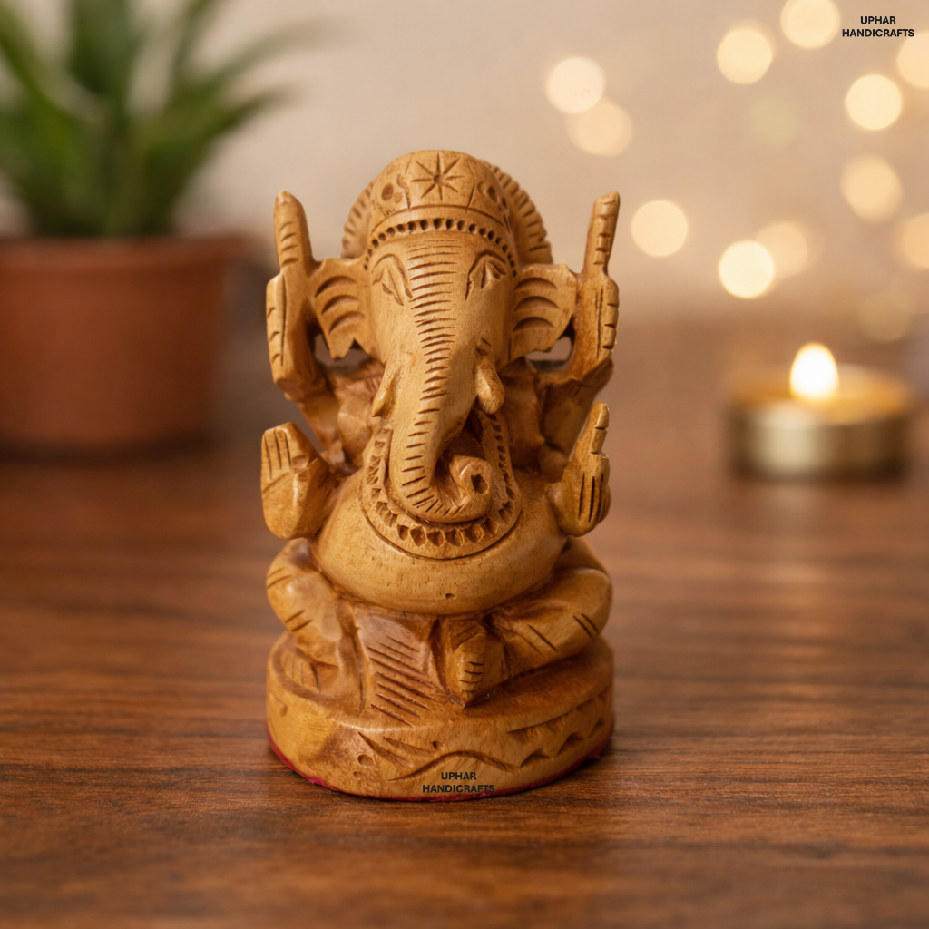 Hand-Carved Wooden Ganesh Statue (3 Inch) Lord Ganesha Idol for Home Decor, Puja & Meditation