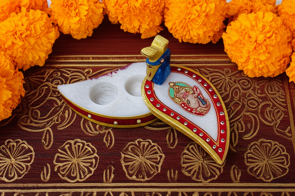 Handpainted Marble Chopra with Load Ganesh & Peacock Artwork Elegant Pooja Kumkum & Chawal Holder for Diwali & Festivals