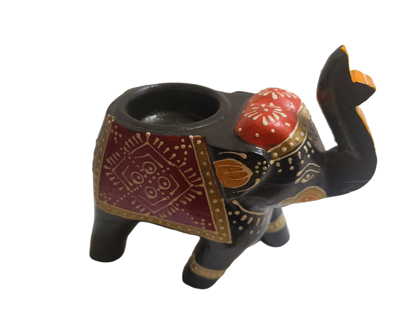 Hand Painted Wooden Elephant Tealight Candle Holder Elephant Home Décor Accent for Living Room, Meditation Space or Gifting