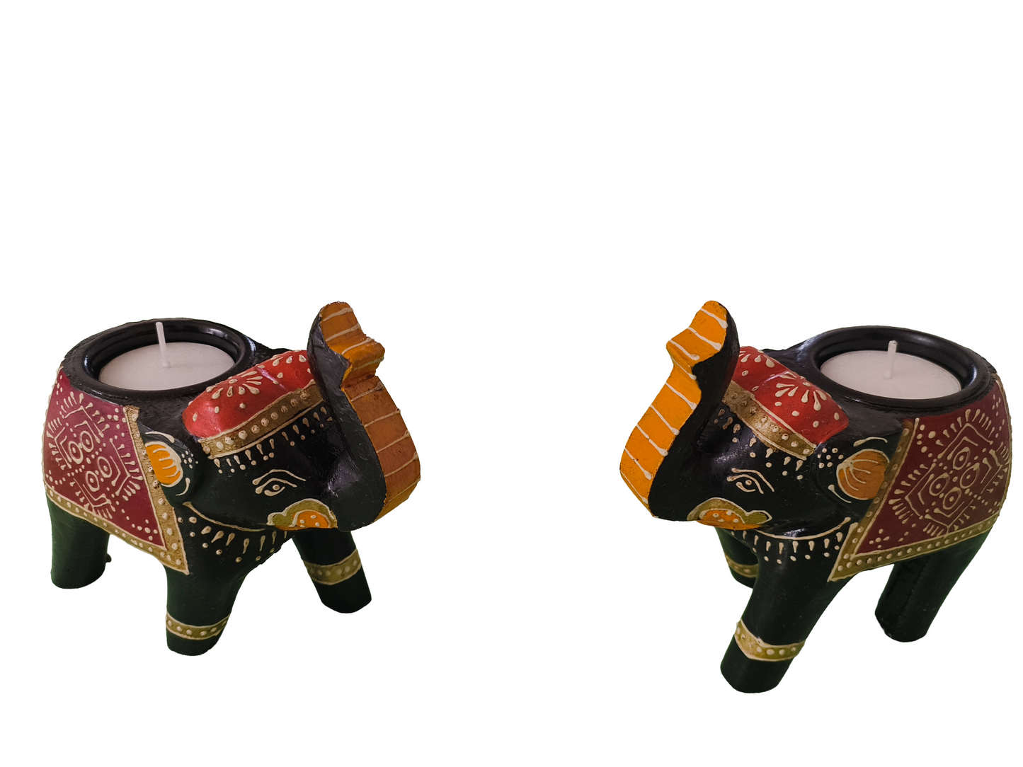 Hand Painted Wooden Elephant Tealight Candle Holder Elephant Home Décor Accent for Living Room, Meditation Space or Gifting