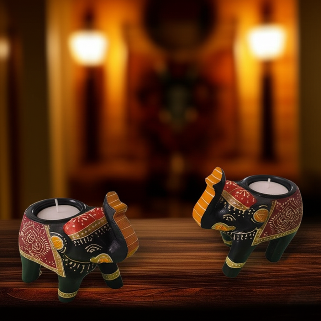 Hand Painted Wooden Elephant Tealight Candle Holder Elephant Home Décor Accent for Living Room, Meditation Space or Gifting