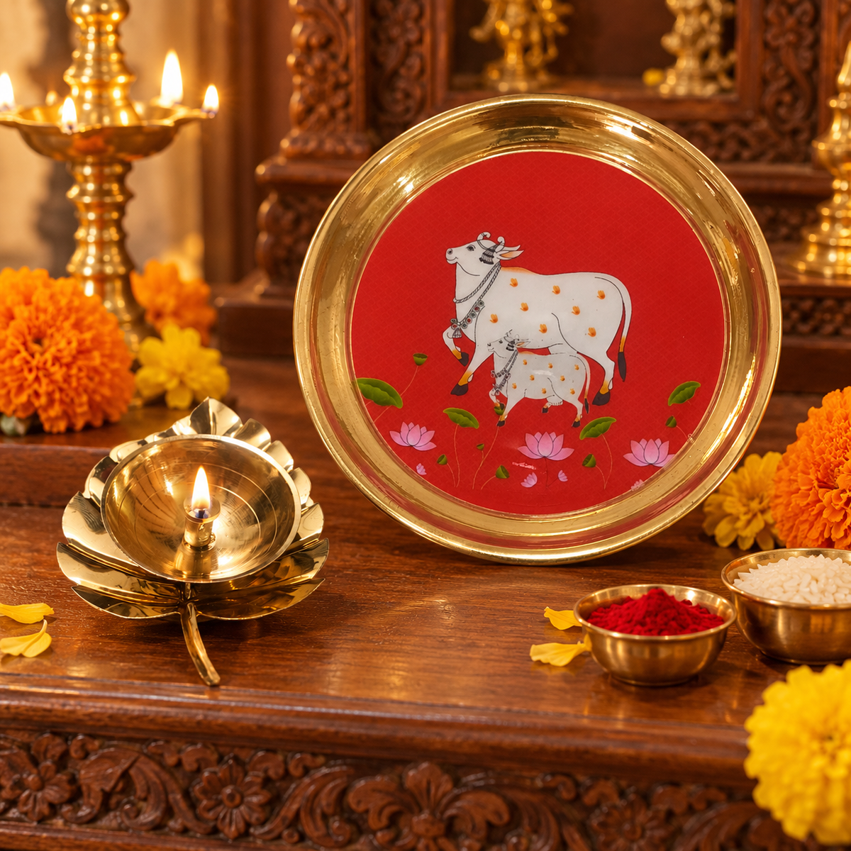 Brass puja plate and lotus diya set in three designs
Choose Pink Pichwai Cow, Yellow Lotus Cow or Red Cow and Calf
Hand-painted traditional artwork on the plate
Polished brass paired with a lotus-shaped diya
Designed for puja, aarti and festive displays
A coordinated set for Indian-inspired worship spaces
Uphar Handicrafts