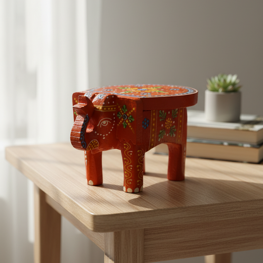 Mini Hand Painted Wooden Elephant Stool for Boho Home Decor