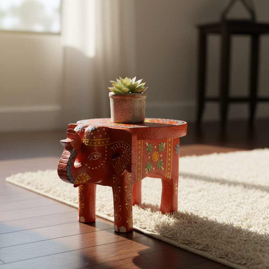 Mini Hand Painted Wooden Elephant Stool for Boho Home Decor