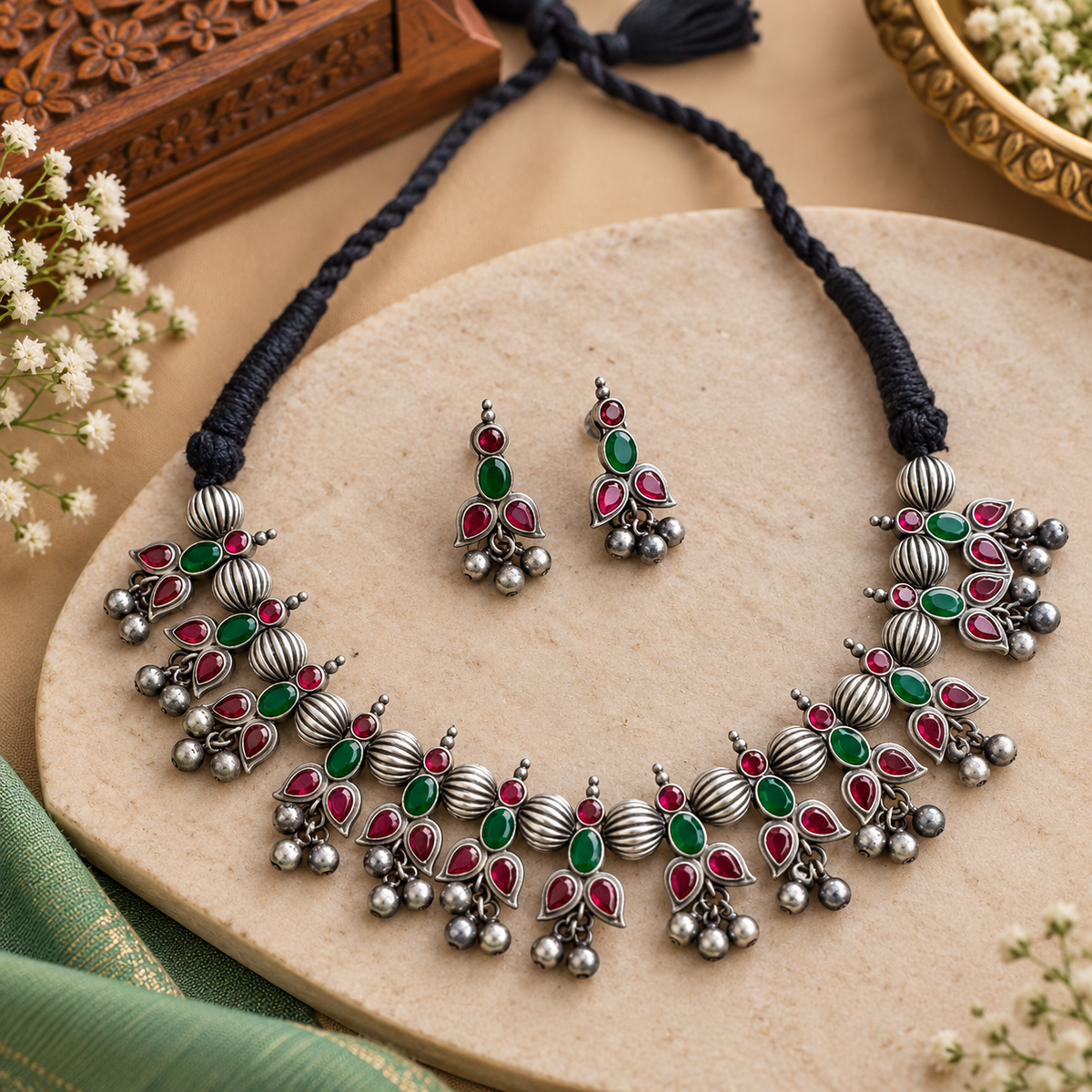 Festive oxidized necklace and earrings set
Traditional Indian jewelry with antique silver-tone finish
Handcrafted metal alloy necklace
Decorative stones and beads add detailed accents
Matching earrings for traditional festive outfits
Suitable for Diwali, Navratri and weddings
Uphar Handicrafts