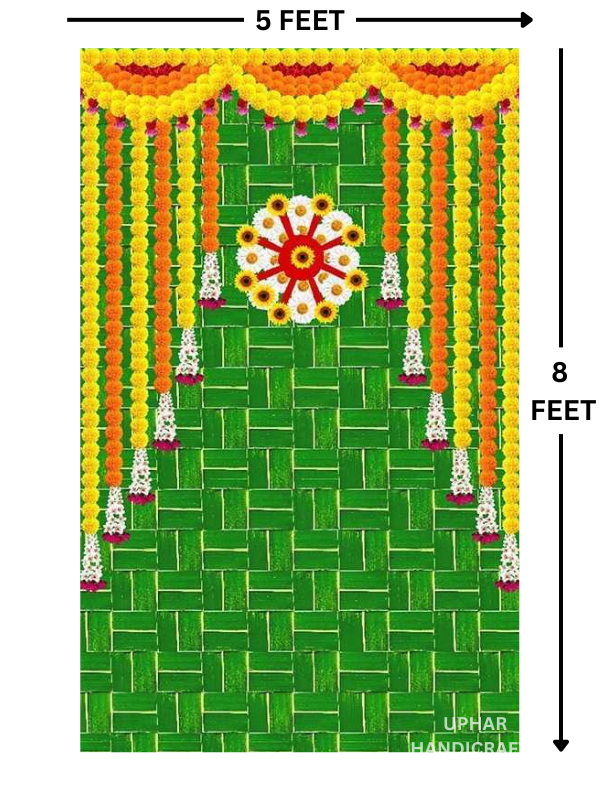 Green Bamboo Marigold Wall Backdrop
Vibrant Indian Floral Fabric Design
Traditional Rangoli Inspired Flower Art
8x5 Feet Large Event Backdrop
Puja Altar and Stage Decoration
Reusable Indian Festival and Party Decor
Uphar Handicrafts