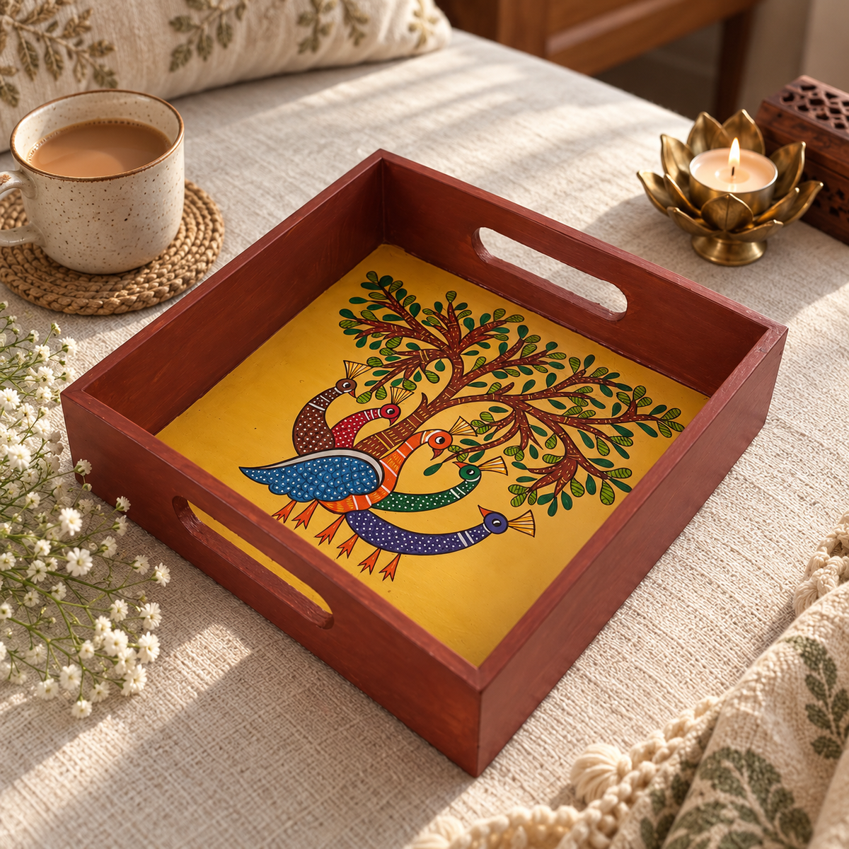 Hand-painted wooden tray featuring traditional peacock and tree artwork
Square serving tray with a polished wooden frame
Folk art centerpiece with cut-out handles on both sides
Handcrafted Indian-inspired tray measuring approximately 8 × 8 inches
Suitable for birthdays, weddings, anniversaries and housewarming gifts
Each tray may feature slight variations in color and painted details
Uphar Handicrafts