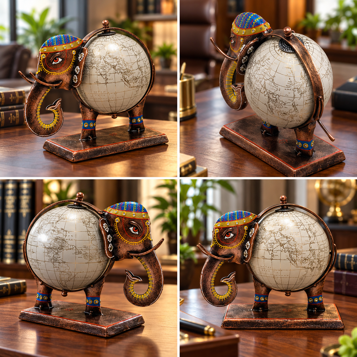 Handcrafted Indian metal elephant carrying a globe
Colorful traditional Rajasthani-inspired showpiece
Decorative accent for shelves, desks and tabletops
Suitable for home décor, office décor and gifting
Uphar Handicrafts