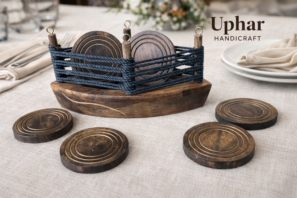 Handcrafted Wooden Coaster Set of 6
Natural Wood Round Drink Coasters
Engraved Circular Groove Design
Smooth Polished Wooden Finish
Eco-Friendly Table Protection
Tea Coffee and Beverage Coasters
Uphar Handicrafts