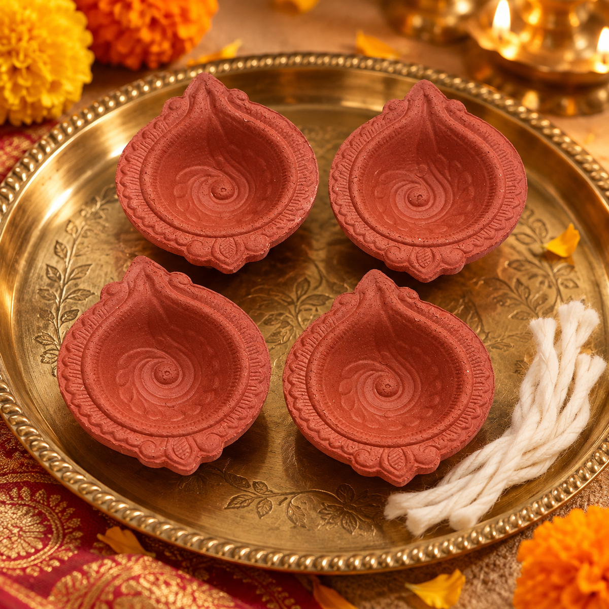Handmade clay diyas for festive decor
Natural terracotta diya set
Four traditional Indian diyas
Cotton wicks included
Diwali and festival lighting
Uphar Handicrafts