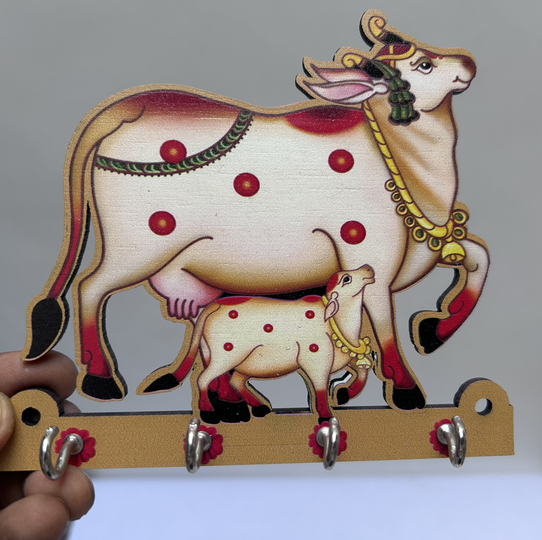 Wooden pichwai cow Key Holder with four hooks