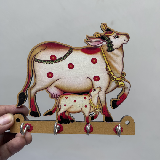 Wooden pichwai cow Key Holder with four hooks
