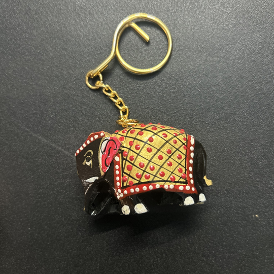 Hand-Painted Wooden Elephant Keychain – Multicolor Miniature Key Ring