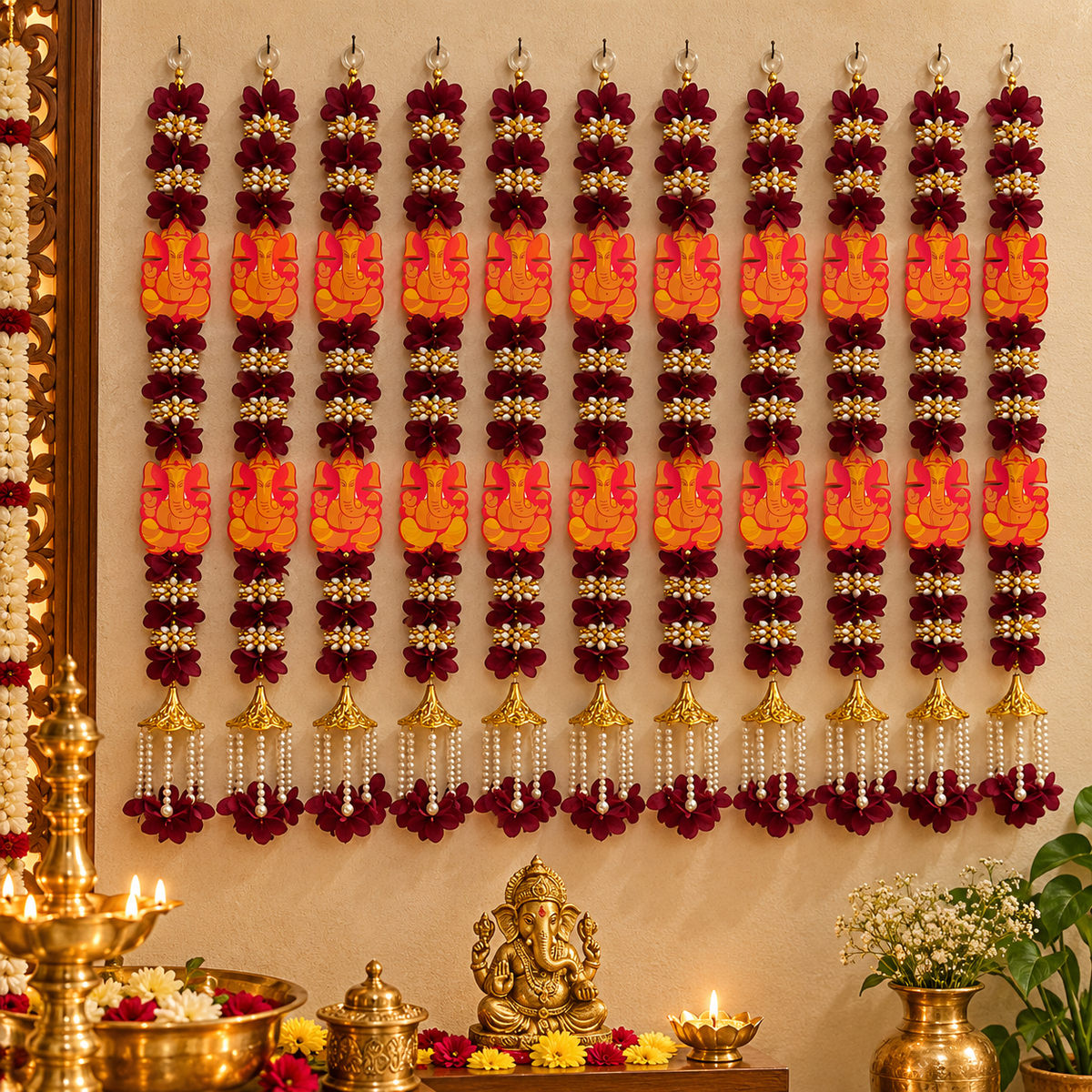 Indian Ganesh flower hanging decoration
Handcrafted fabric flower garland
Ganesh motifs with bead and tassel detailing
Vertical hanging strand design
Two-foot length per garland
Traditional festive home and puja decor
Uphar Handicrafts