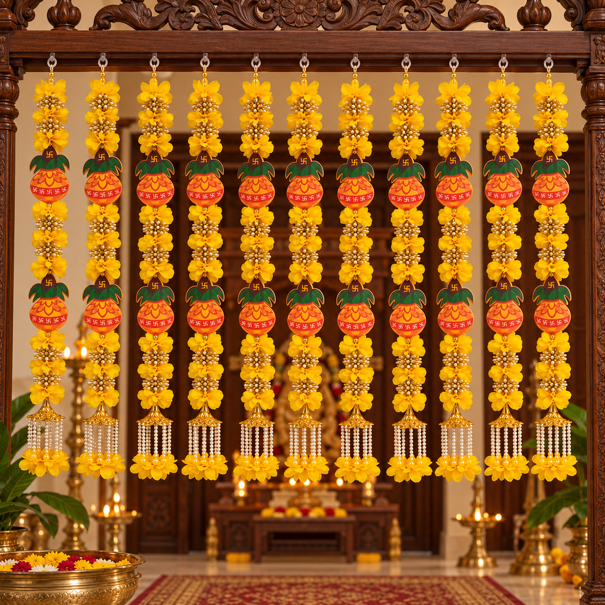 Indian Kalash Swastik flower hanging
Handcrafted fabric flower garland
Kalash and Swastik motif decoration
Pearl style beads and bell tassels
Hook or loop for hanging
Traditional festive home and puja decor
Uphar Handicrafts