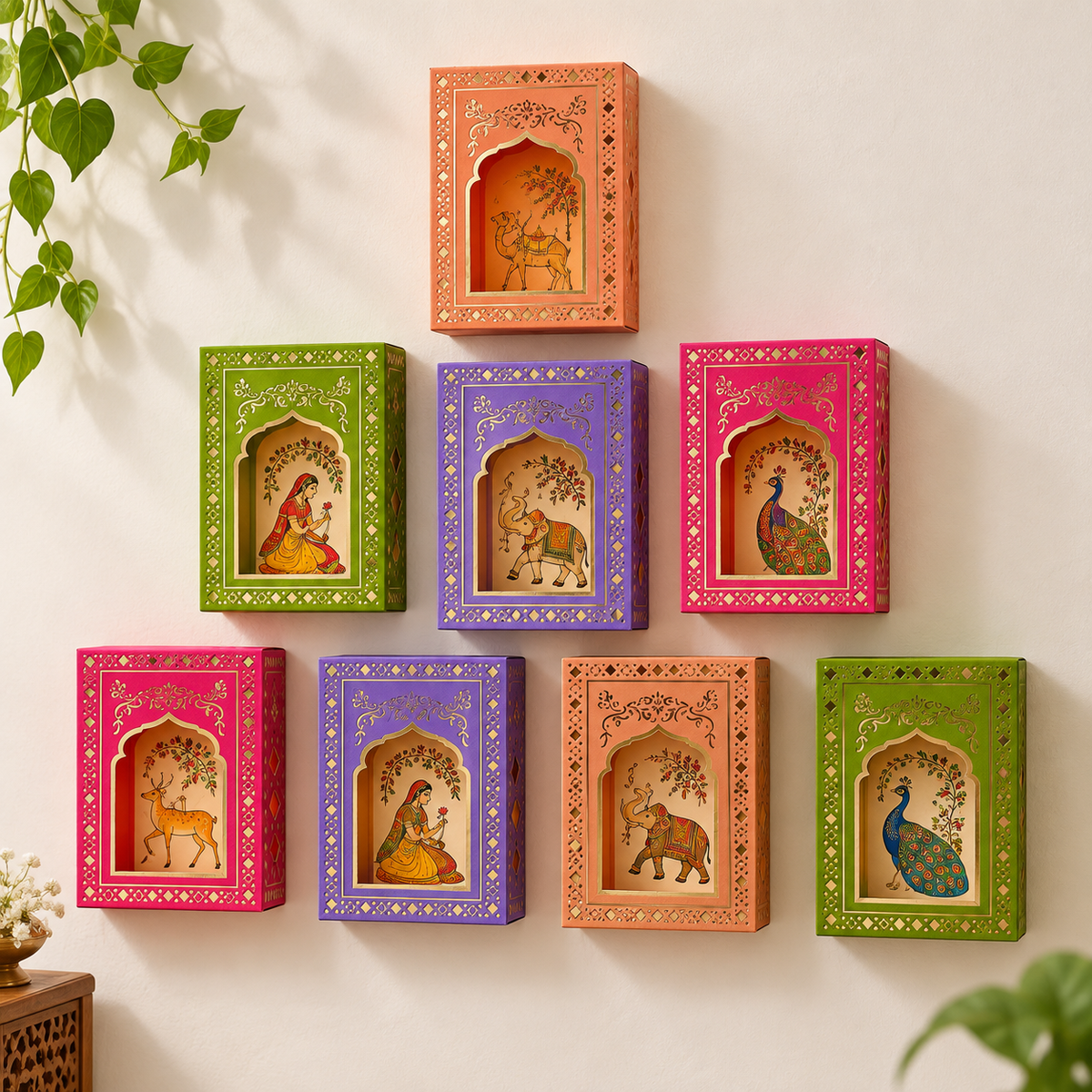 Jharokha wall decor for housewarming
Traditional Indian festive decoration
Handcrafted paper Jharokha set
Eight LED candle lights included
Decorative wall accents for celebrations
Uphar Handicrafts