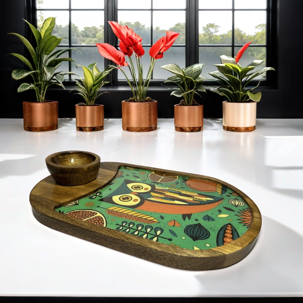 Handcrafted Wooden Serving Tray
Wooden Tray with Decorative Bowl
Hand Painted Table Serving Set
Serving Tray for Snacks and Small Bites
Traditional Wooden Kitchen Decor
Uphar Handicrafts
