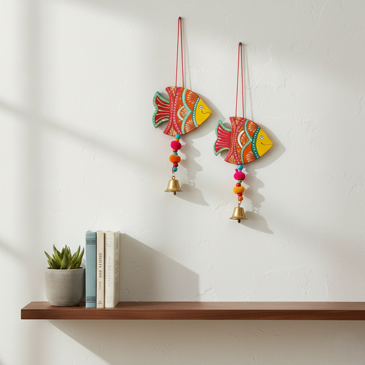 Colorful Hand Painted Wooden Fish Wall Hanging with Bells – Handcrafted Indian Boho Home Décor Accent