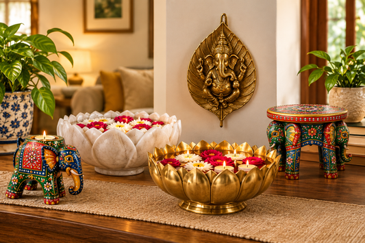 Warm housewarming gift display featuring handcrafted Indian home decor, including a marble lotus bowl, brass lotus diya bowl, painted wooden elephant, Ganesh wall hanging, and elephant stool in a cozy living room Uphar Handicrafts