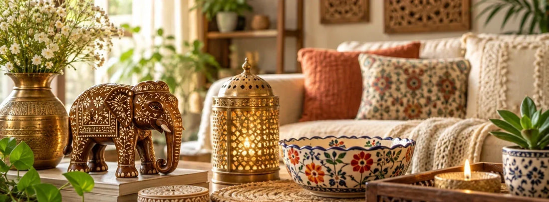 Indian-inspired housewarming decor with carved wooden elephant, brass lantern, decorative floral bowl, and handcrafted accents Uphar Handicrafts