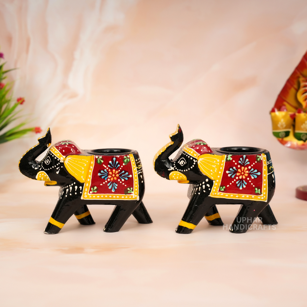Hand Painted Wooden Elephant Tealight Candle Holder Elephant Home Décor Accent for Living Room, Meditation Space or Gifting