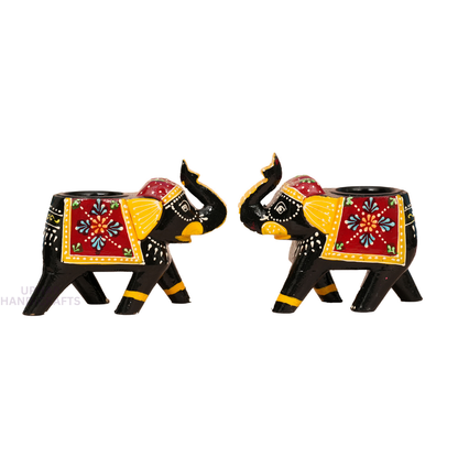 Hand Painted Wooden Elephant Tealight Candle Holder Elephant Home Décor Accent for Living Room, Meditation Space or Gifting