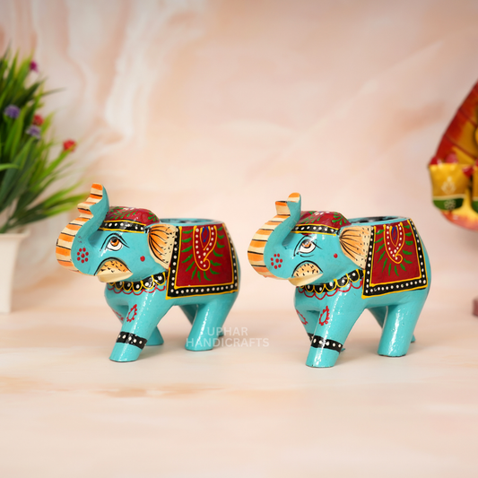 Hand Painted Wooden Elephant Tealight Candle Holder Indian Folk Art Home Décor Accent for Living Room, Patio, or Tabletop