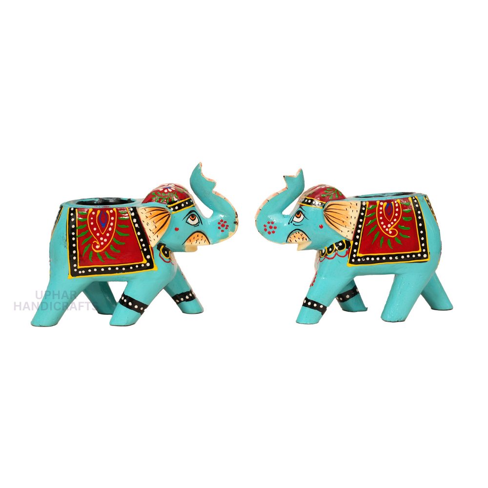 Hand Painted Wooden Elephant Tealight Candle Holder Indian Folk Art Home Décor Accent for Living Room, Patio, or Tabletop