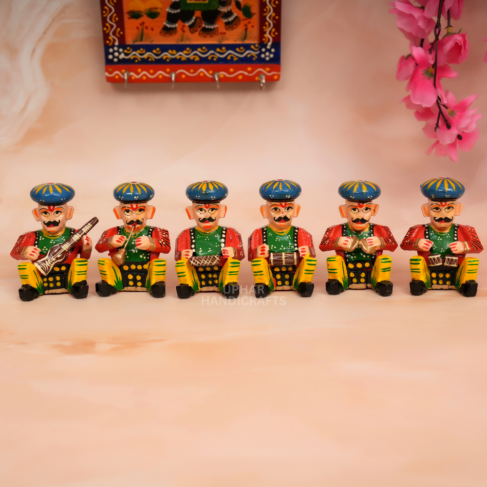 Wooden Musician Babla Set of 6 Handcrafted & Handpainted Musical Figurines Set for Home Decoration