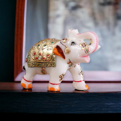 White Marble Meenakari Elephant Statue Set (Set of 2)