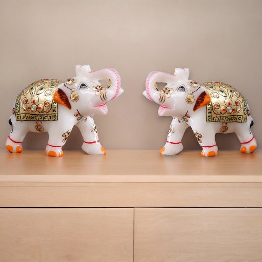 White Marble Meenakari Elephant Statue Set (Set of 2)