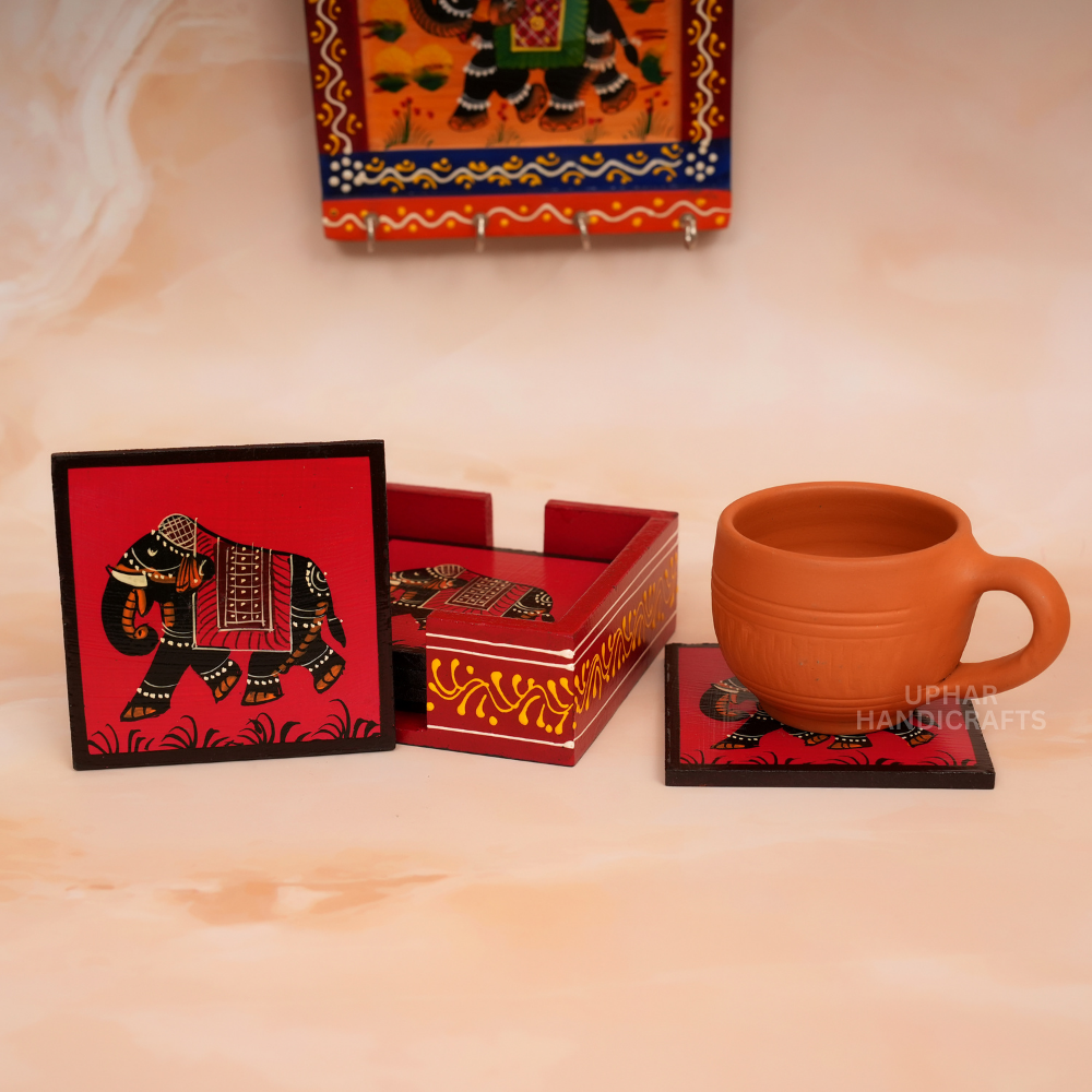 Hand-Painted Wooden Tea Coaster with Elephant Design