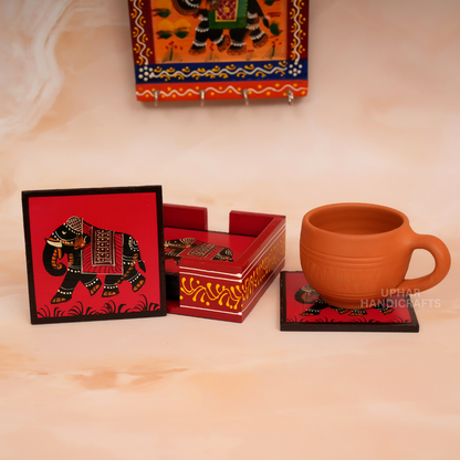 Hand-Painted Wooden Tea Coaster with Elephant Design