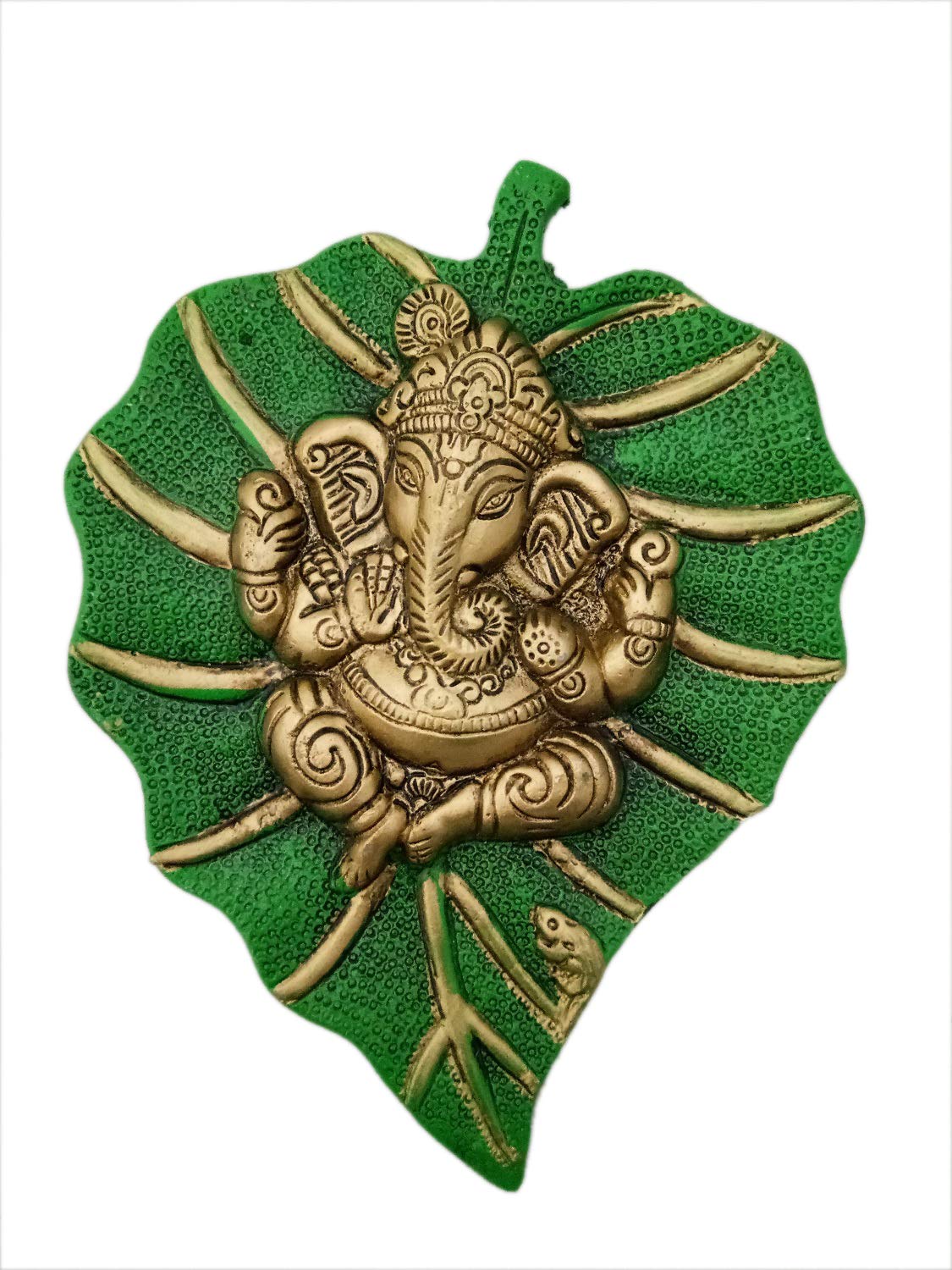 Metal Lord Ganesha On Leaf Wall Hanging (Multicolour, Medium), Figures,Religious - 19 Cm