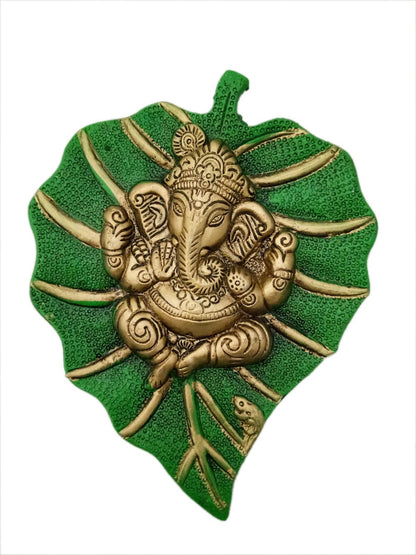 Metal Lord Ganesha On Leaf Wall Hanging (Multicolour, Medium), Figures,Religious - 19 Cm